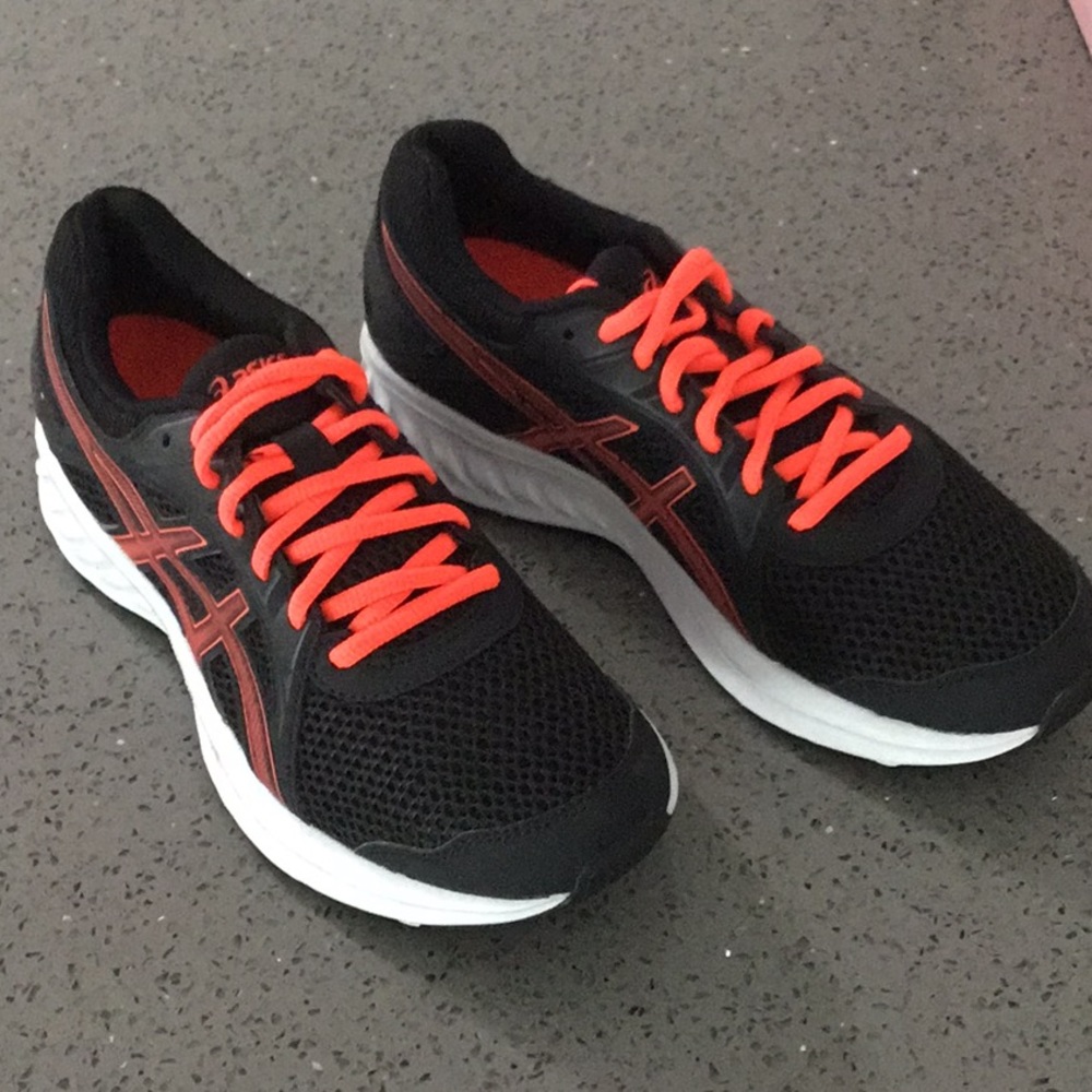 ASICS tennis shoes , black and orange